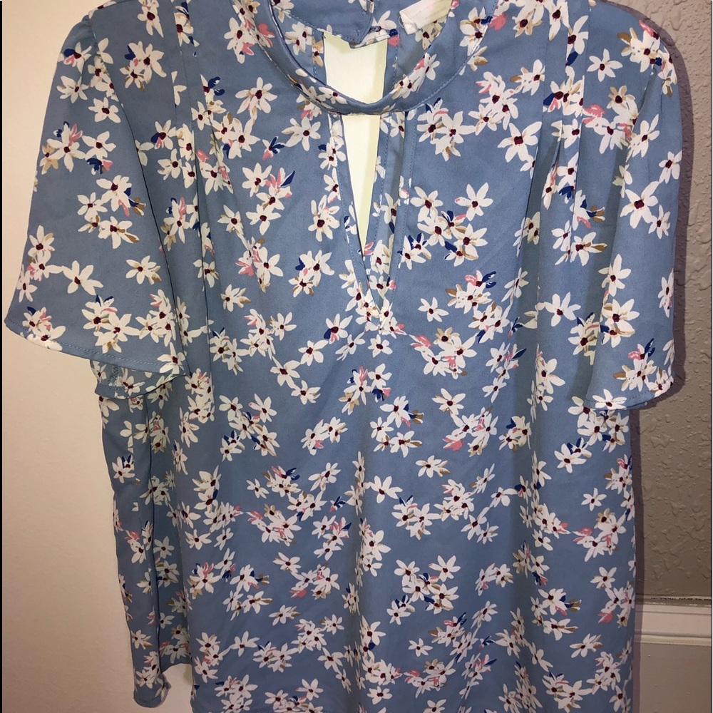Blue Flower V-Neck Blouse